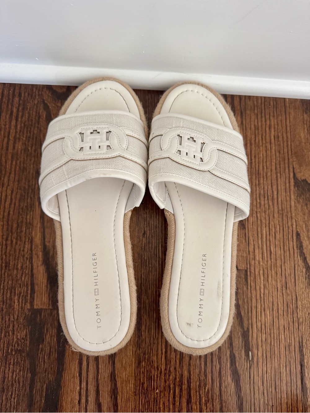 Tommy Hilfiger Cream Woven Logo Slide Sandals